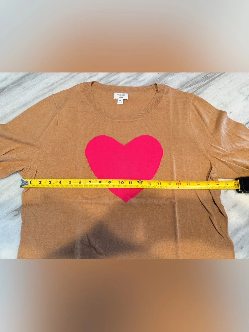 J. Crew Teddie Crewneck Sweater in Camel with Pink Heart